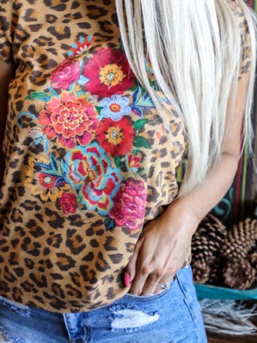 Short Sleeve Jersey Leopard Shirts & Tops