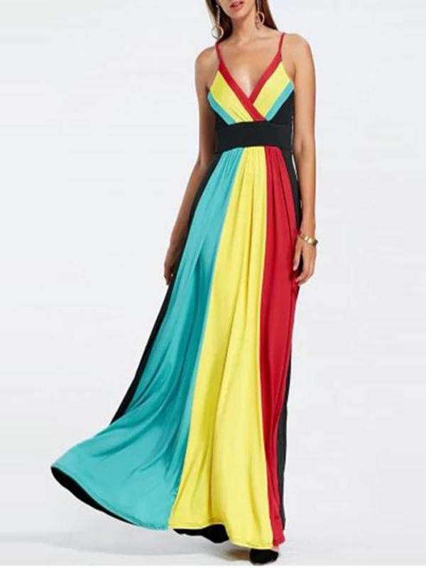 Spaghetti Strap  Color Block Maxi Dress