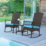 3 Piece Brown Rattan Rocking Chair Outdoor Bistro Set with Glass Coffee Table
