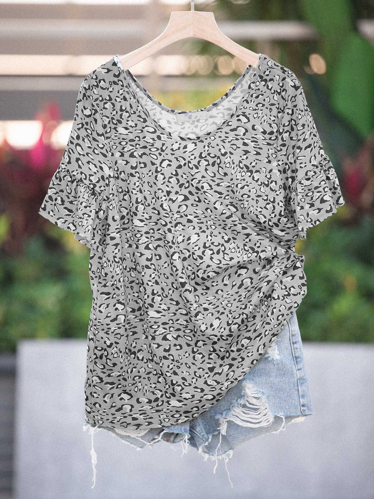 Gray Crew Neck Cotton Leopard Short Sleeve Shirts & Tops