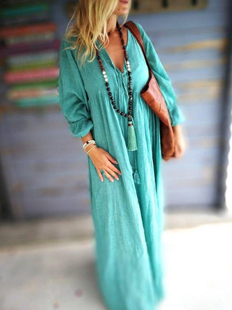 Cotton-Blend Casual Big Hem Dress Solid Dresses