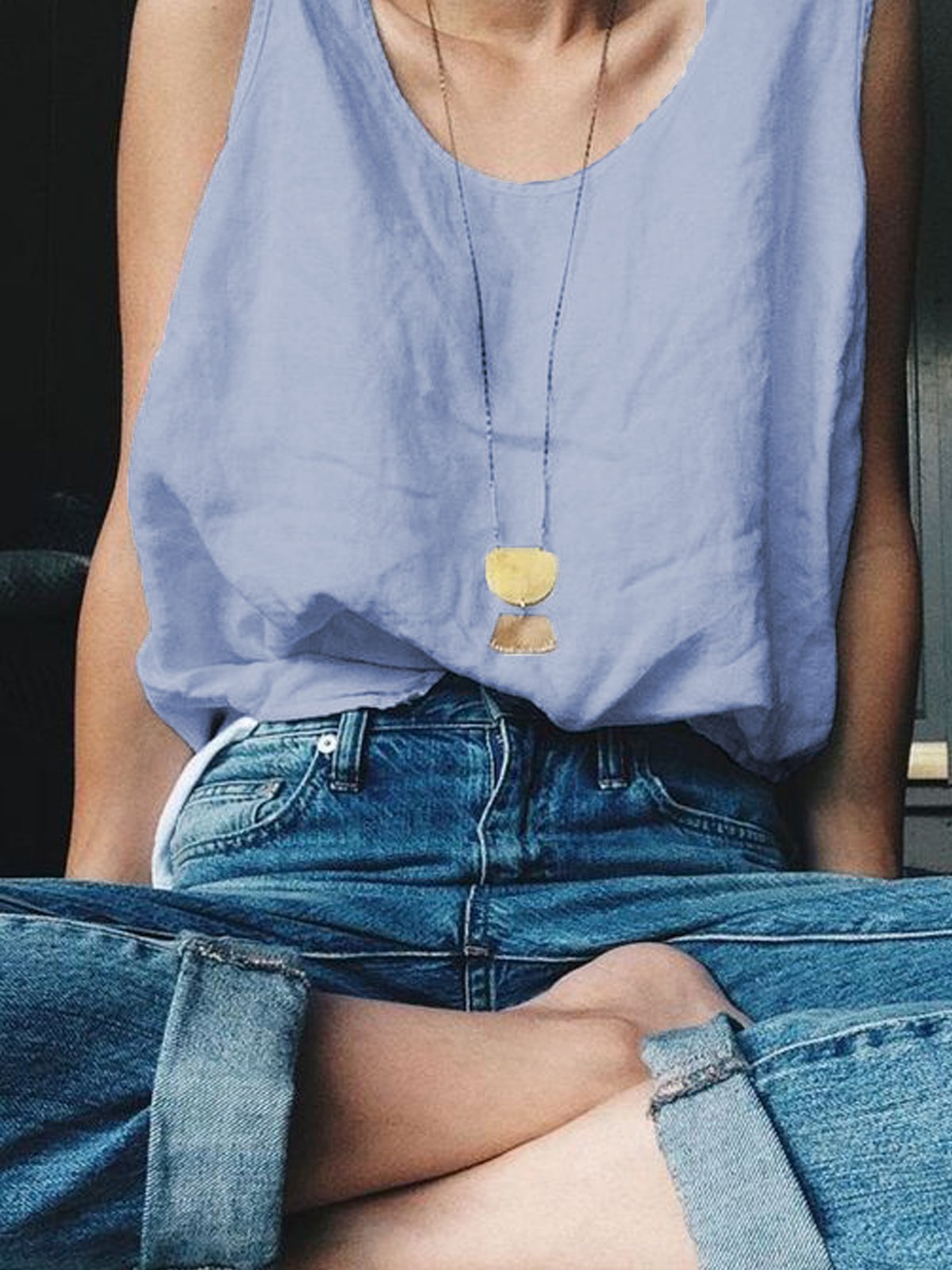 Plain Casual V Neck Sleeveless Shirts & Tops