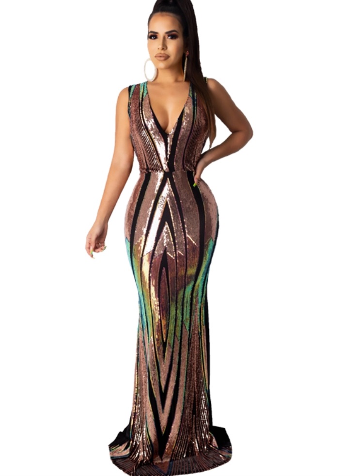 Sequins Sleeveless V-Neck Mermaid Evening Dress