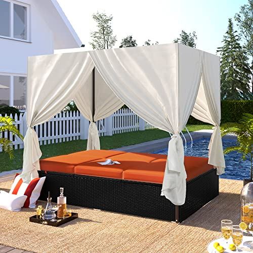 Outdoor daybed with Canopy,Sunlounger with Curtains,Poly Rattan Outdoor Lounge Sunbed for Backyard Multi Colors (Orange)