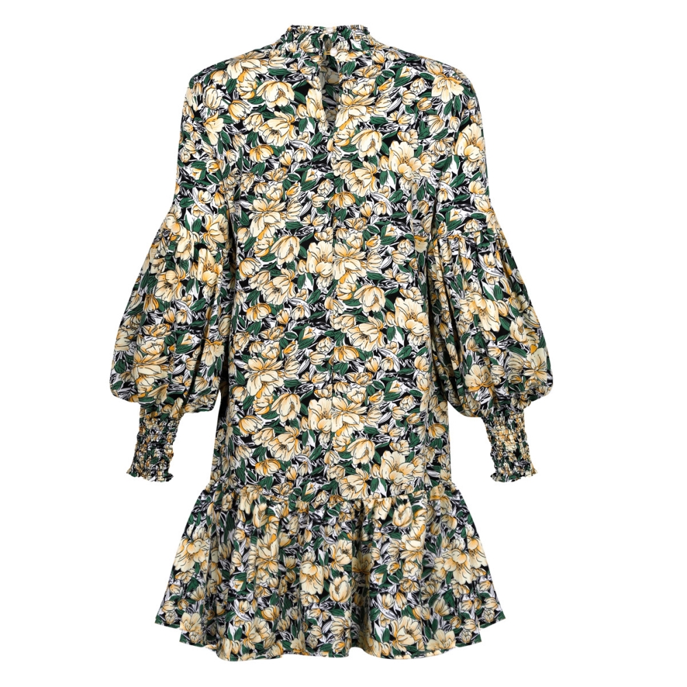 Fall Floral Ruffle Short Dress with Pop Sleeves