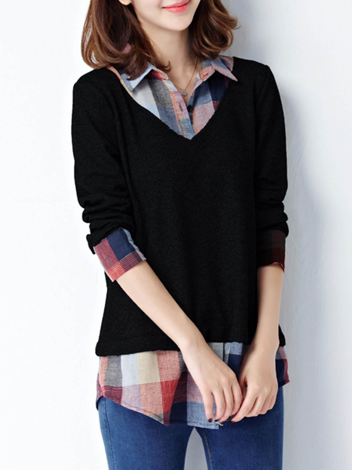 Plus Size One Piece  Checkered/Plaid Polyester Blouse