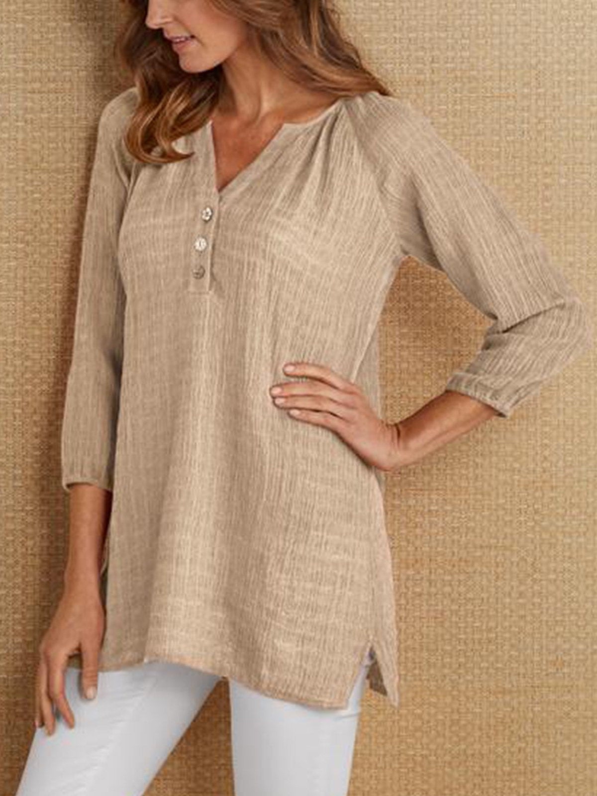 3/4 Sleeve V Neck Linen Casual Shirts & Tops