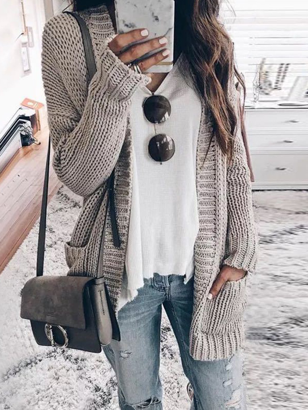Knitted Long Sleeve Plain Cardigan