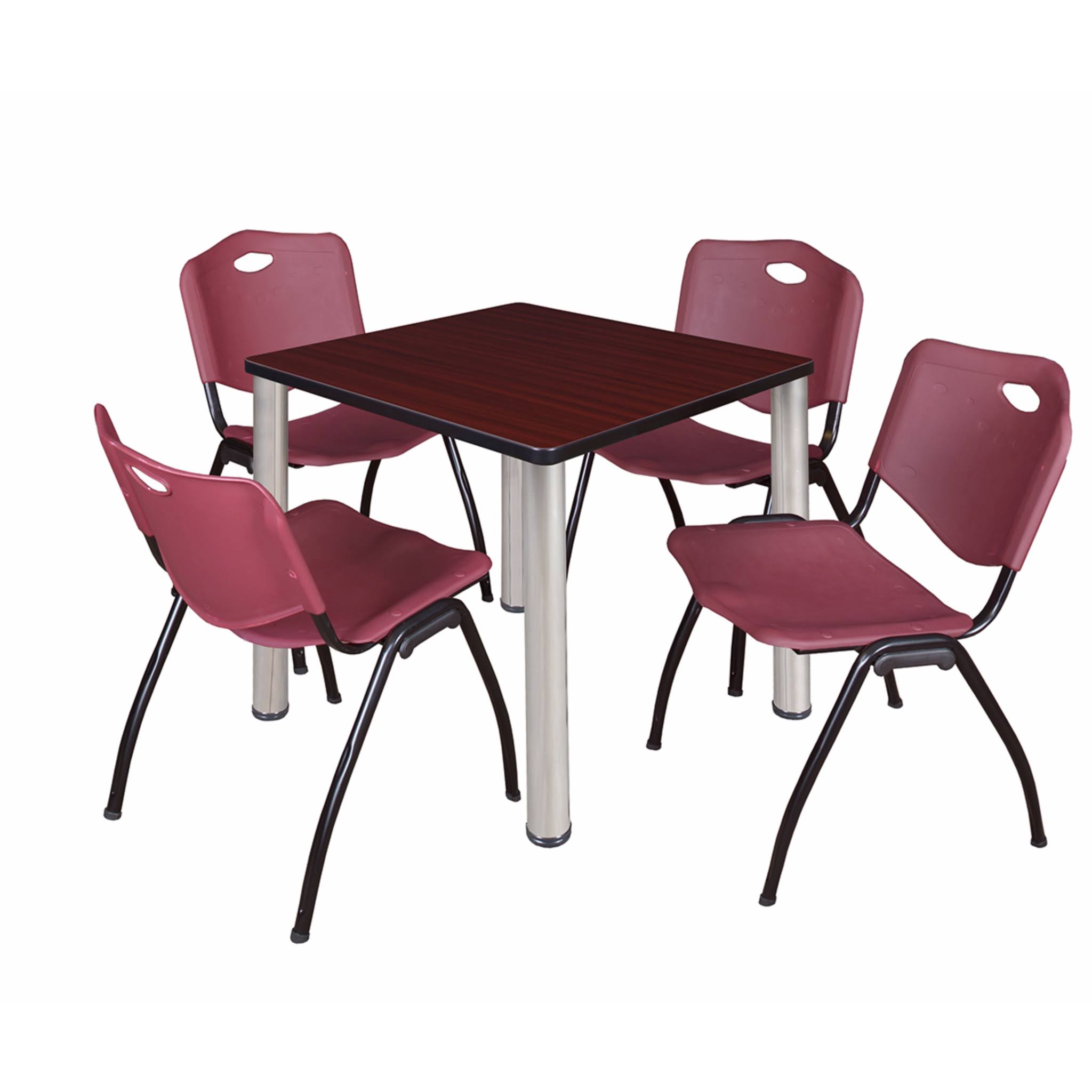Regency Kee 30x22 Square Breakroom Table- Mahogany/ Chrome 4 &M& Stack Chairs- Blue