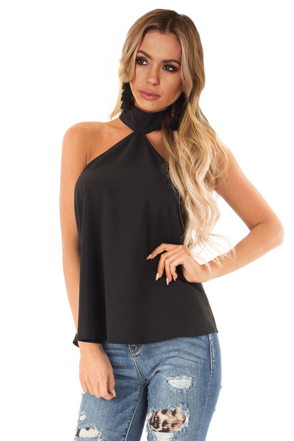 Black Sleeveless Halter Top with Keyhole Back
