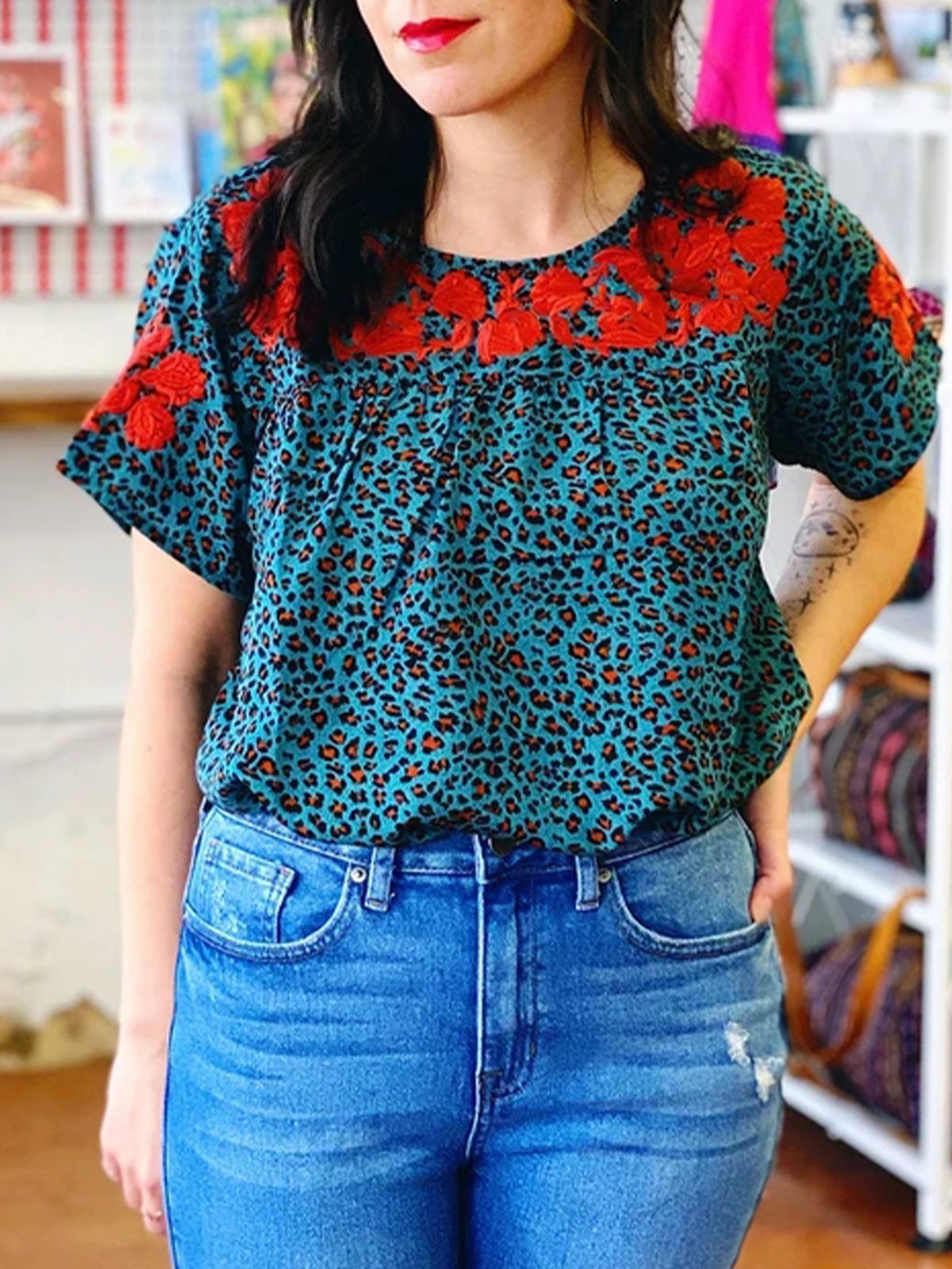 Cotton-Blend Leopard Short Sleeve Ethnic Shirts & Tops