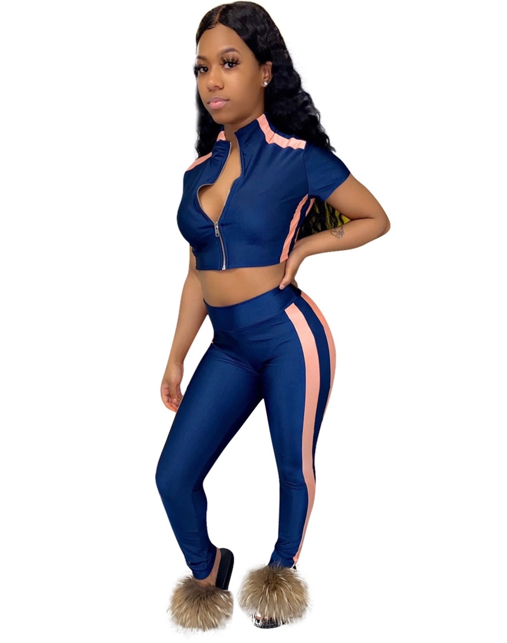 Sexy Striped Zipper Crop Top and Pants Set