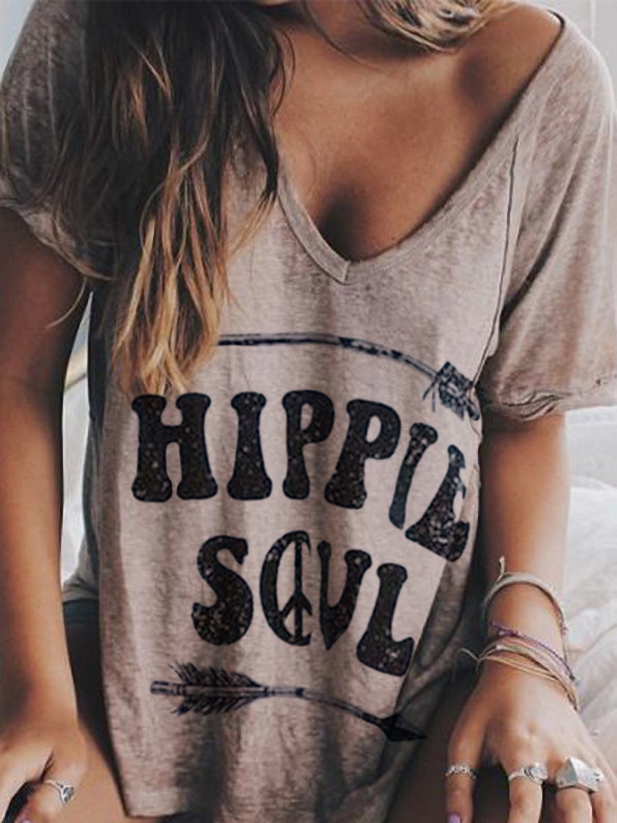 Gray Short Sleeve Cotton-Blend V Neck Printed Shirts & Tops