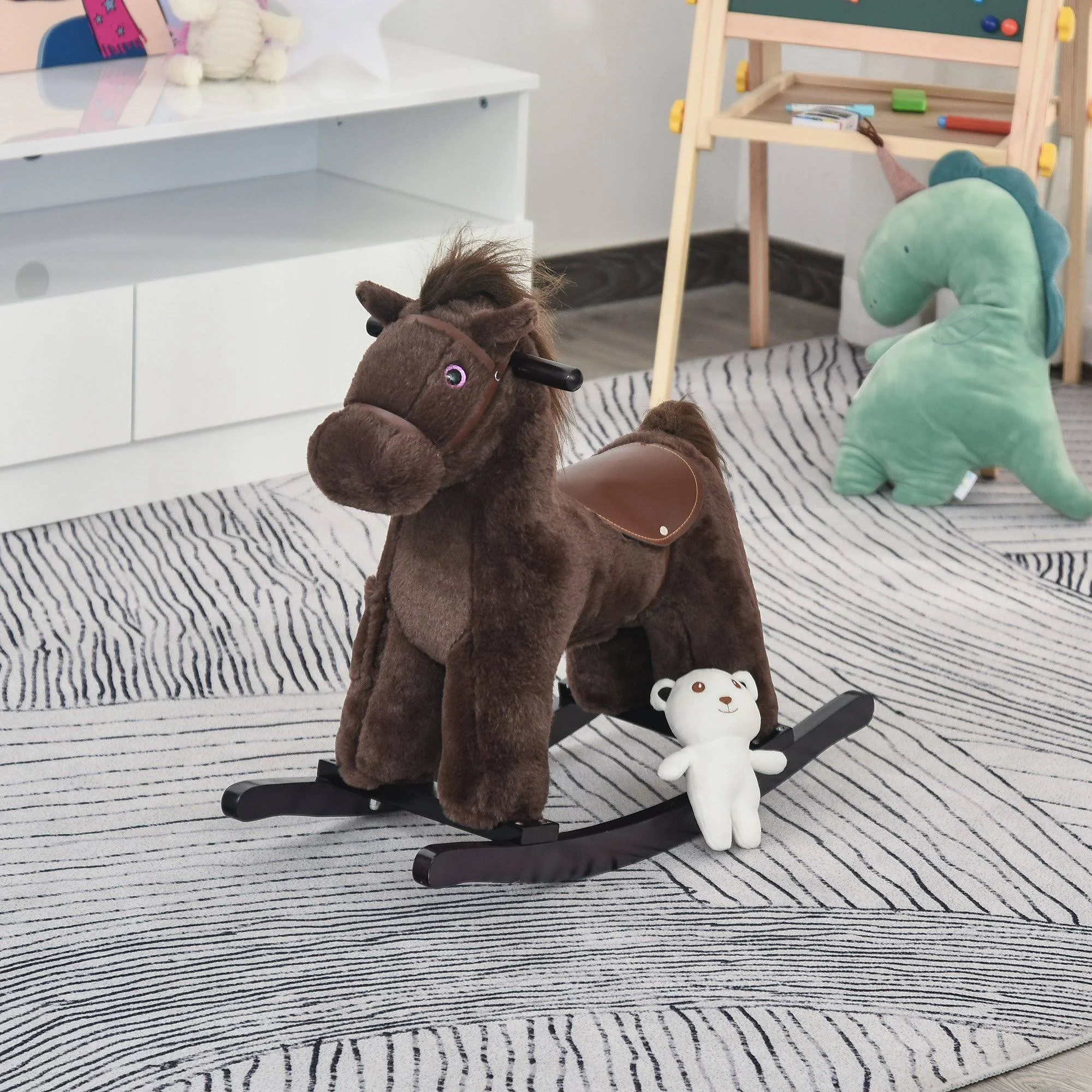 Qaba Kids Plush Ride-On Rocking Horse Toy Children Chair with Soft Plush Toy Fun Realistic Sounds - Brown