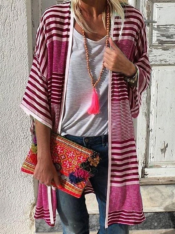 Casual Sun-Protective Batwing Sleeve Stripe Splicing Beach Cardigan