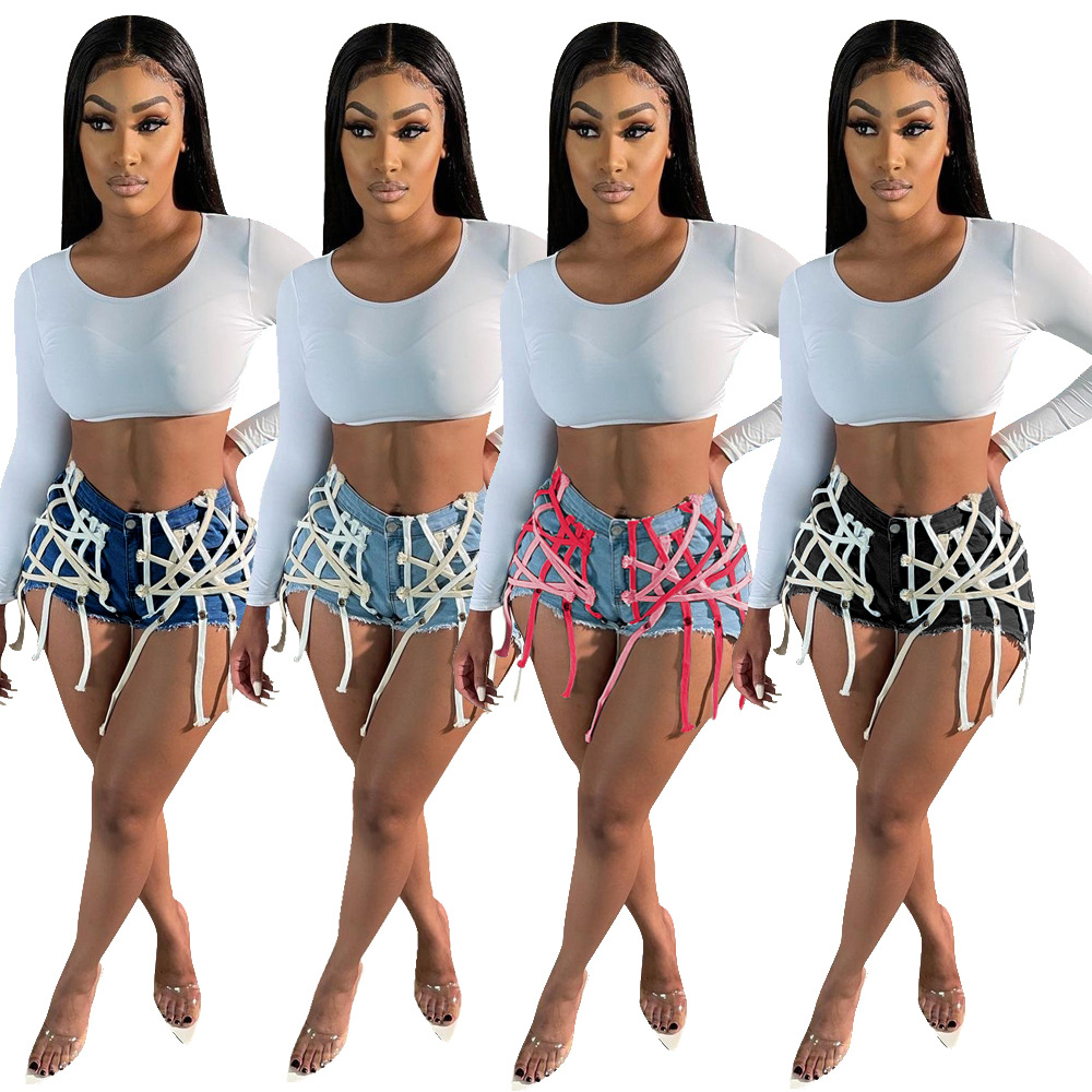 Womens eyelet straps wear washed denim shorts Q1117