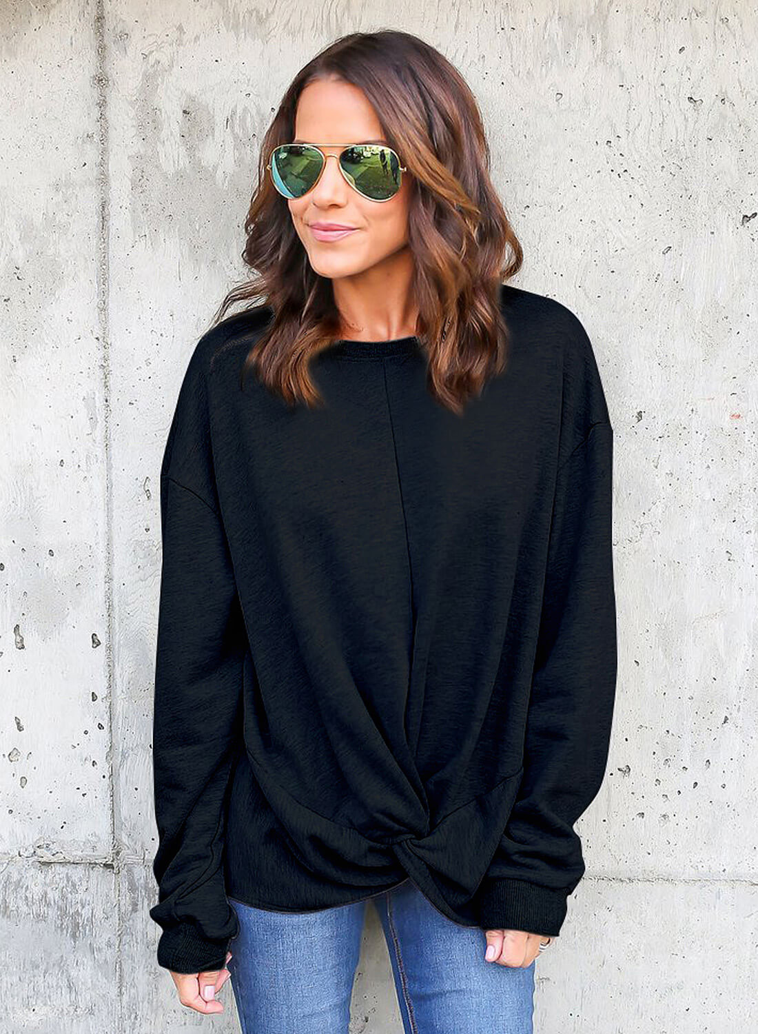 Black Knot Twist Front Long Sleeve Casual Pullover Sweatshirt