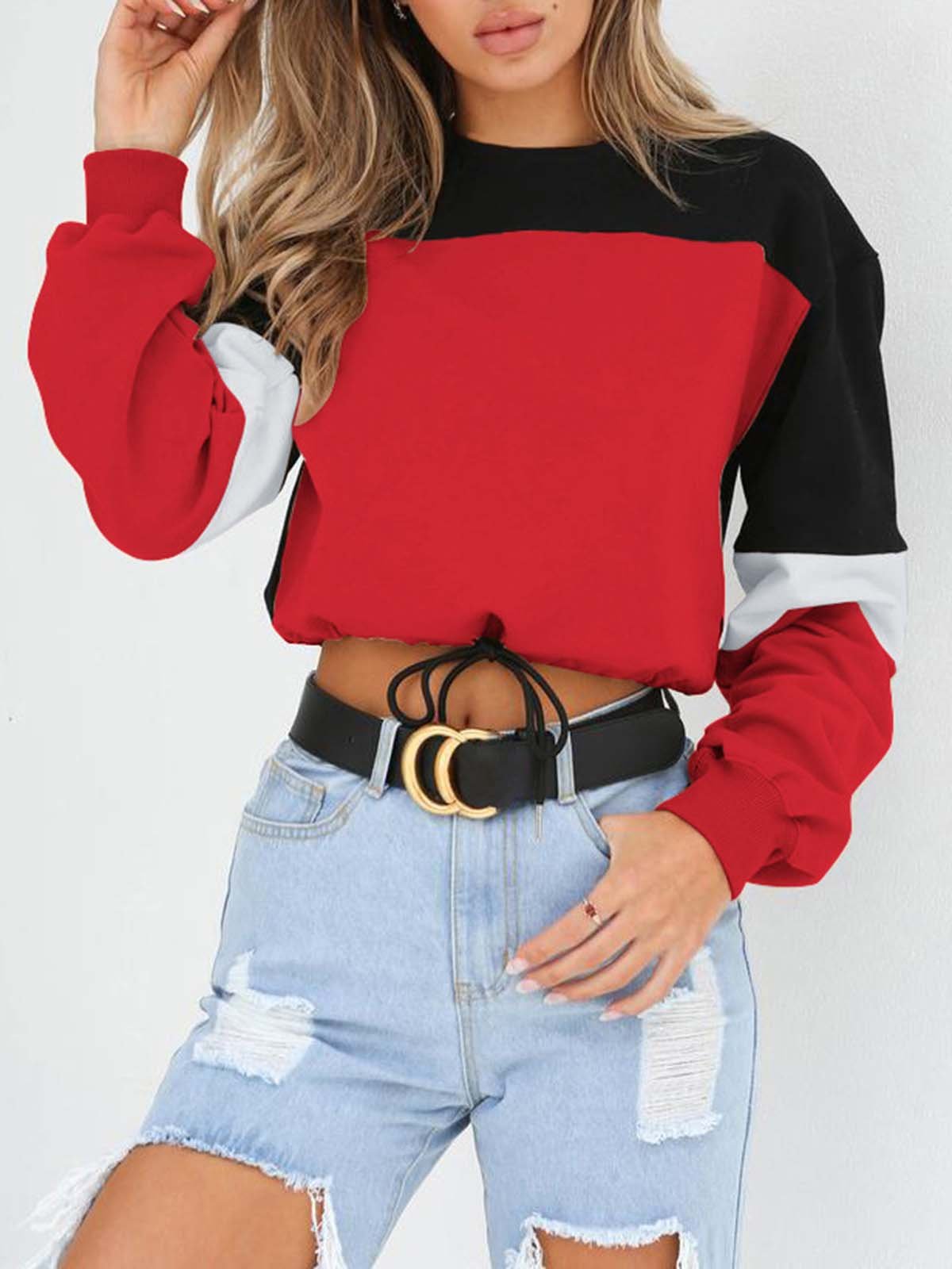 Long Sleeve Casual Color-block Crew Neck Plus Size Blouse