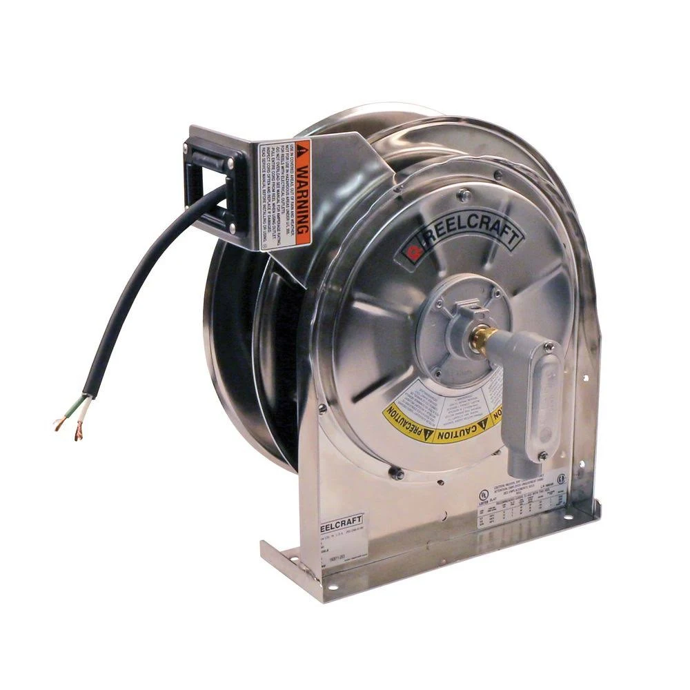 Reelcraft LS 5425 123 x Stainless Steel Power Cord Reel, 12/3, 20 Amps, 25& Cord w/Flying Leads