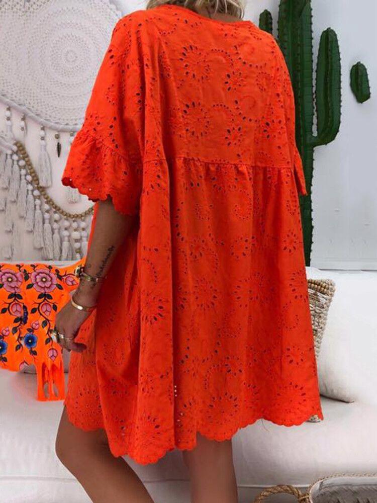 Plus Size V Neck Women Cotton-Blend Plain Dresses