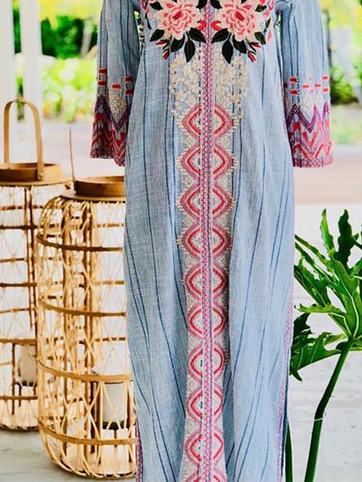 Printed V Neck Vintage 3/4 Sleeve Dresses