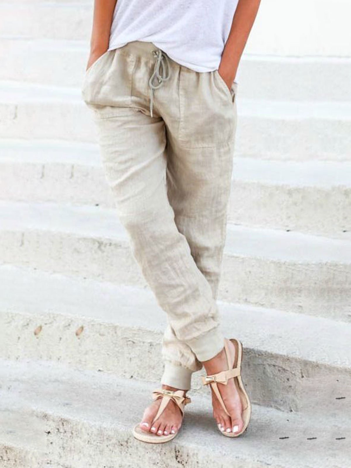 Solid Drastring Casual Linen Pants Women Trousers