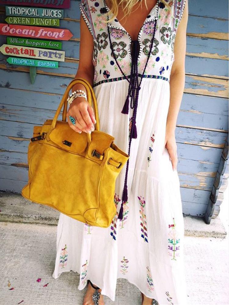 Embroidery Casual Cotton-Blend Patchwork Dresses