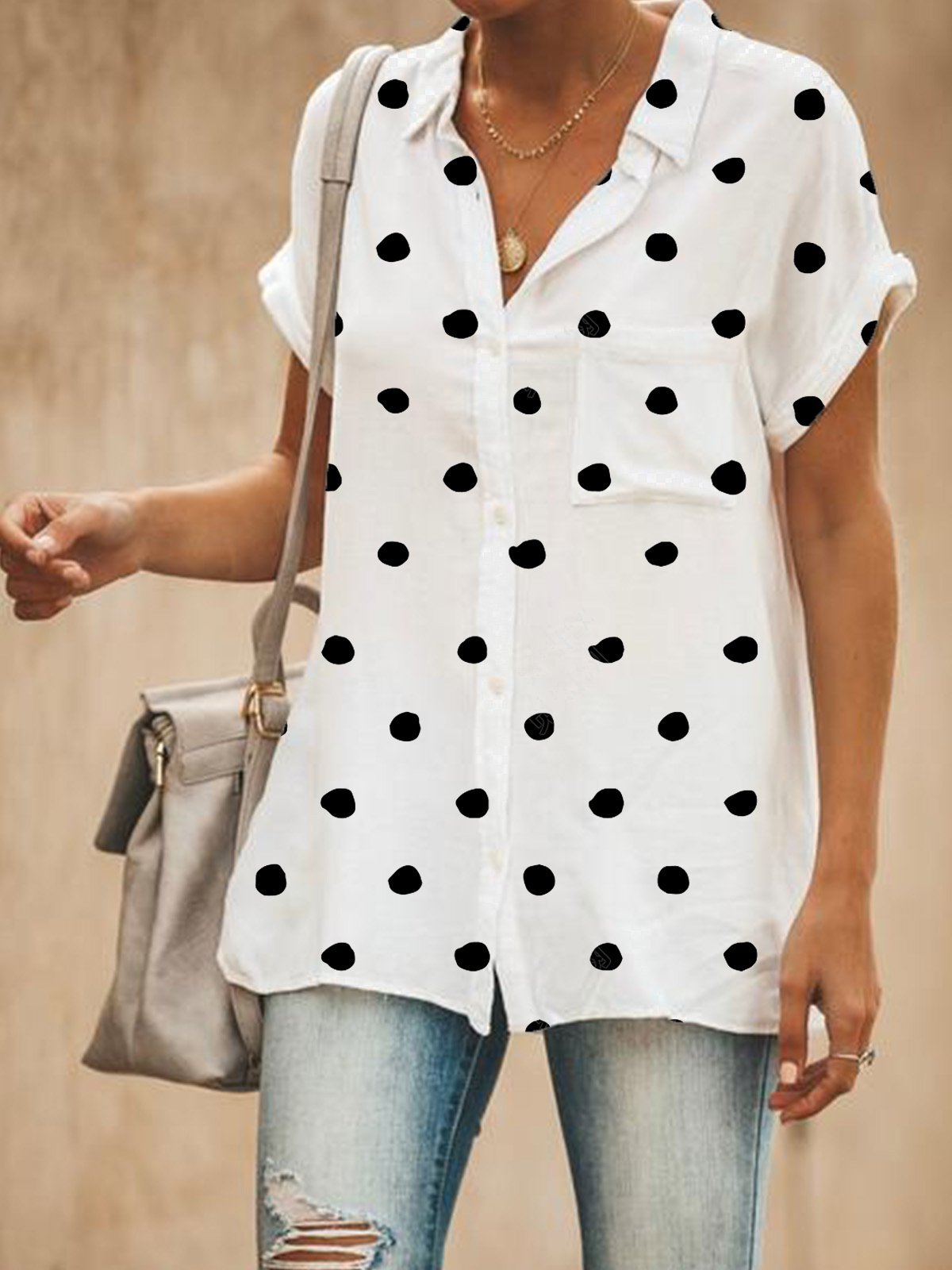 Women Casual Relaxed Fit Polka Dots Button Down Shirt
