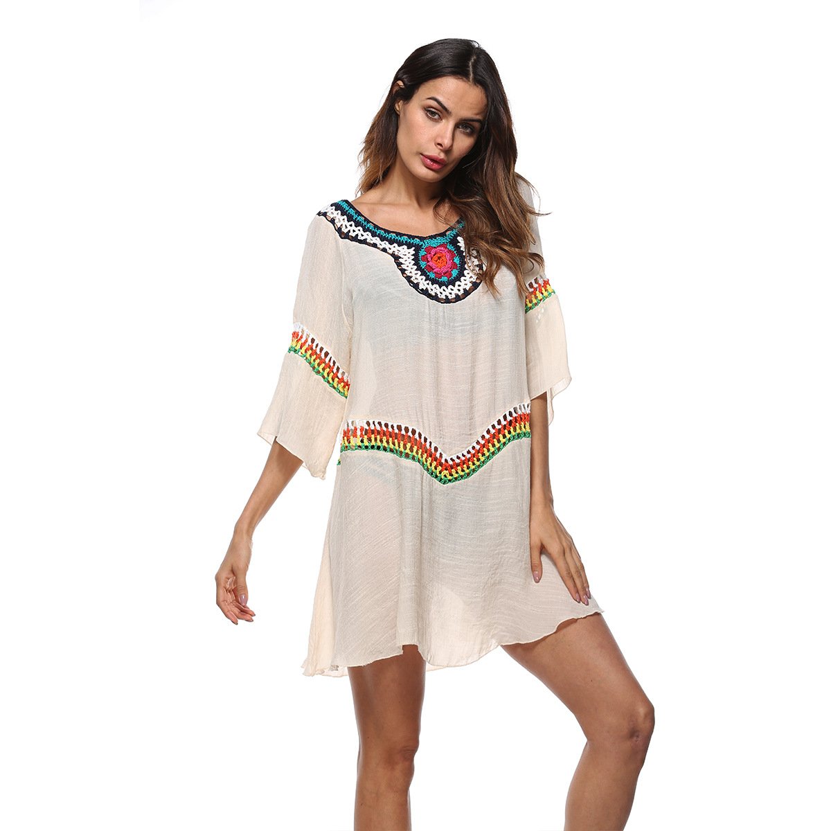 Loose Casual Beach Hollow Out White O Neck Boho Mini Dresses