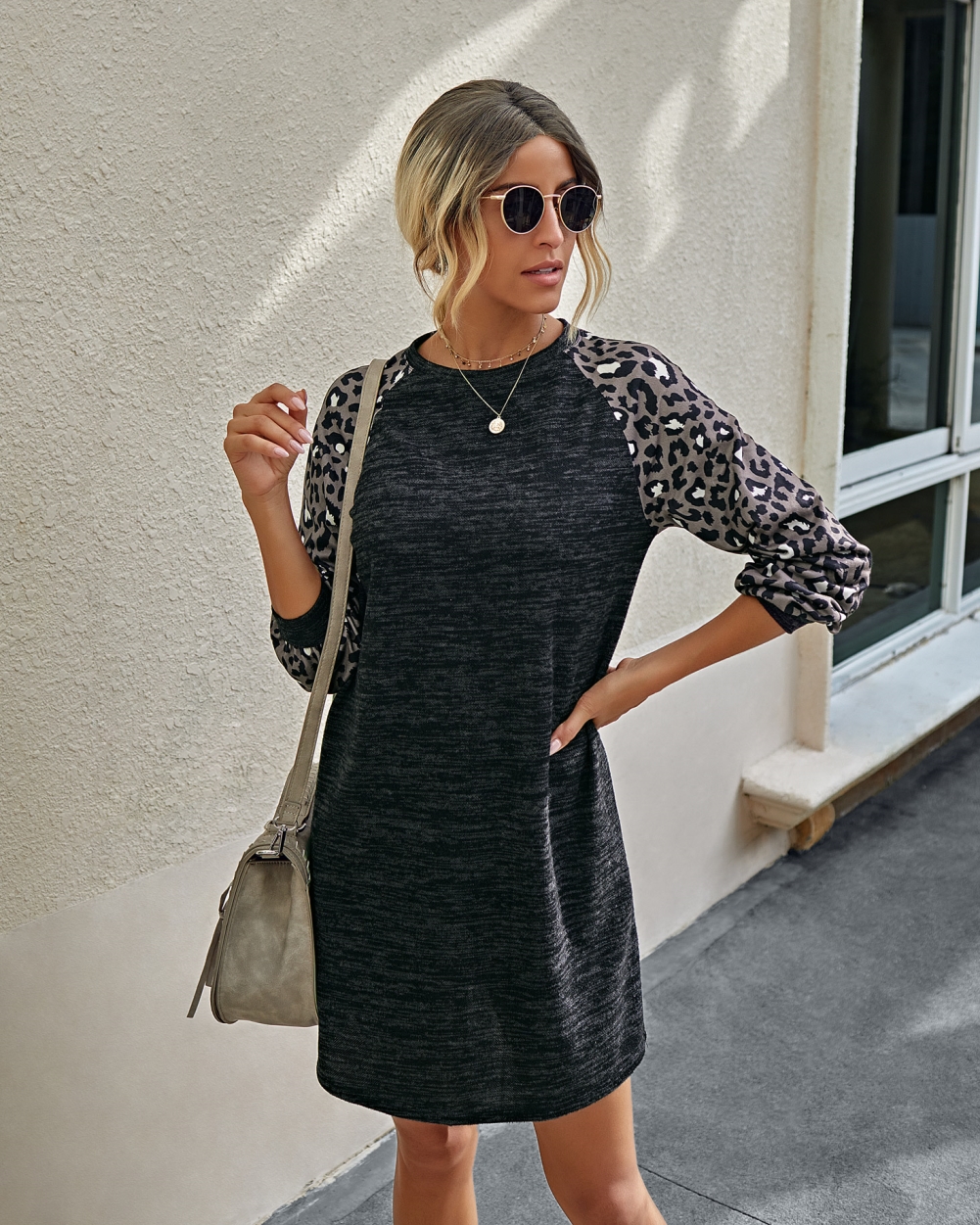 Autumn O Neck Shirt Dress with Leopard Sleeves