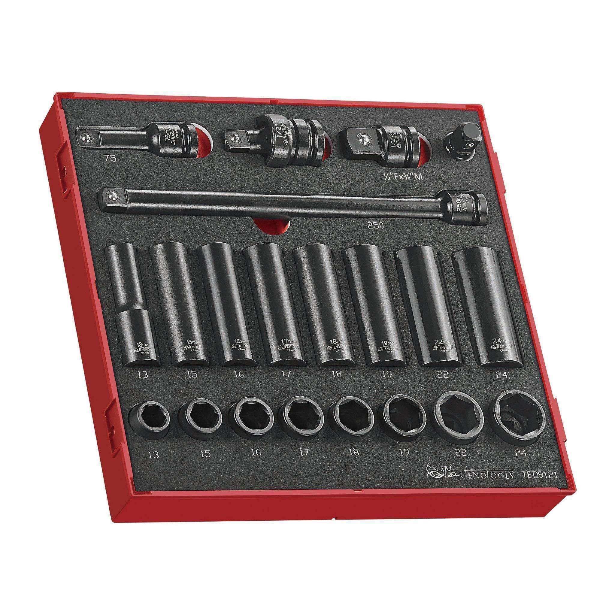 Teng Tools �C 21 Piece 1/2 inch Drive Impact Socket Set in EVA Tray �C TEN-O-TED9121