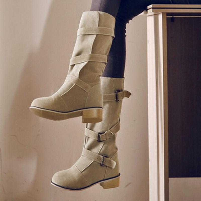 Vintage Plus Size Chunky Heel Mid-Calf Boots  With Adjustable Buckle