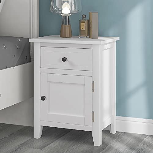 SSLine Modern White Wood Nightstand w/ 1 Drawer & Door Cupboard / 25��� Tall