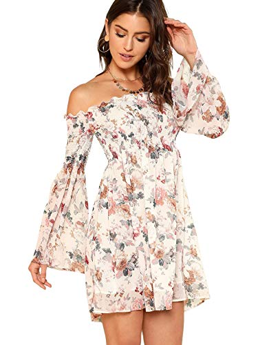 Romwe Women's Casual Floral Print Off Shoulder Trumpet Sleeve Swing Dress