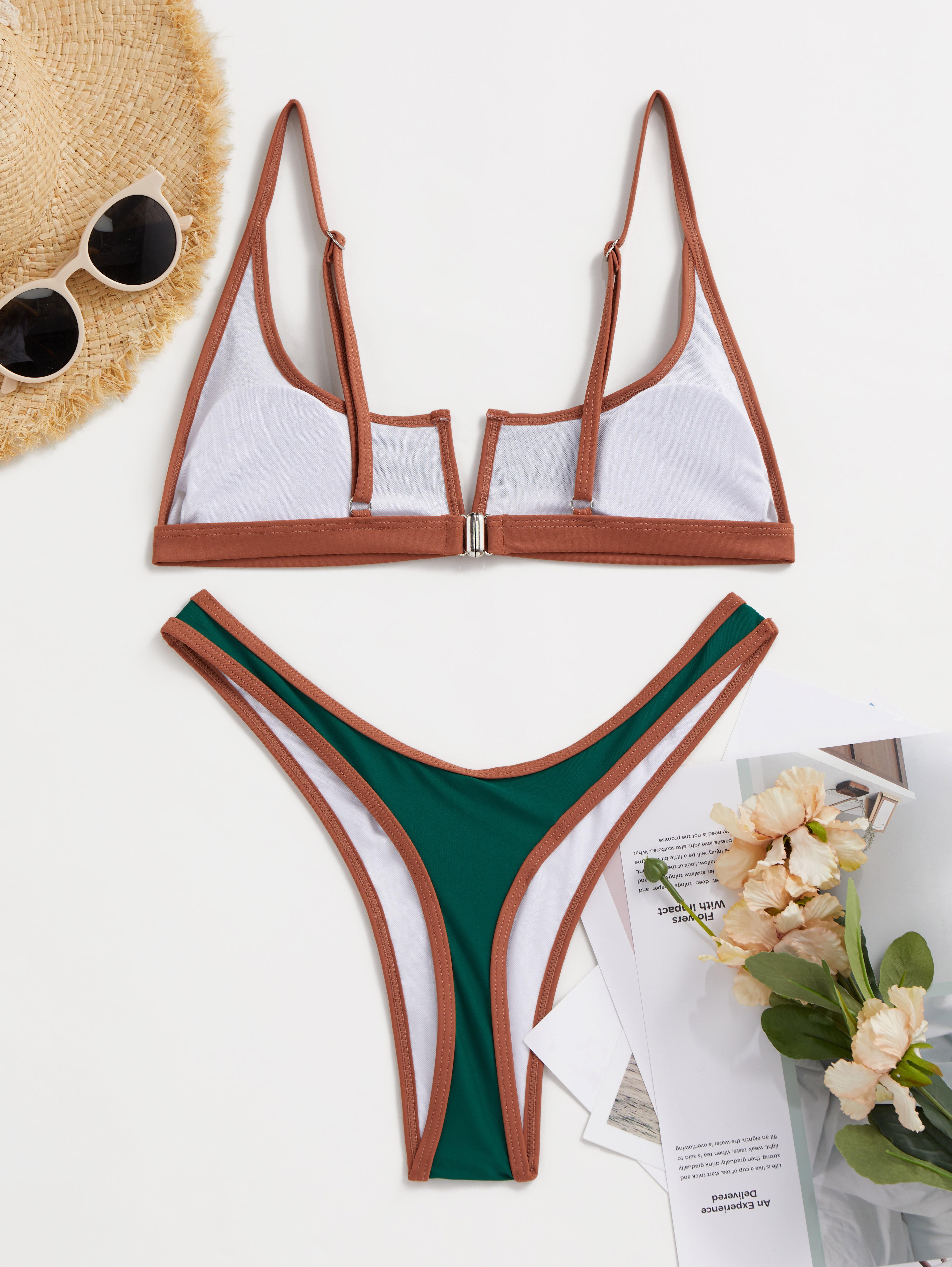 Retro Color Block V Notch Bikini