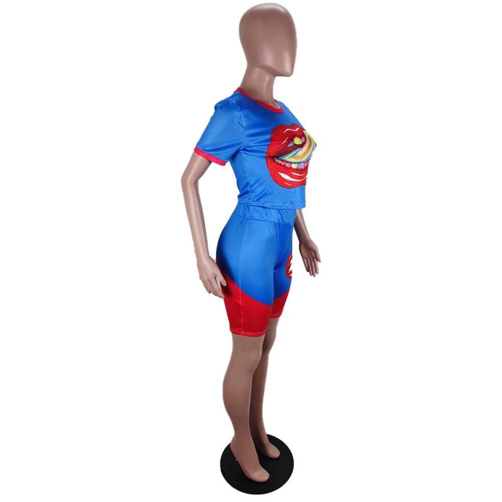 Sexy Contrast Tongue Two Piece Biker Shorts Set