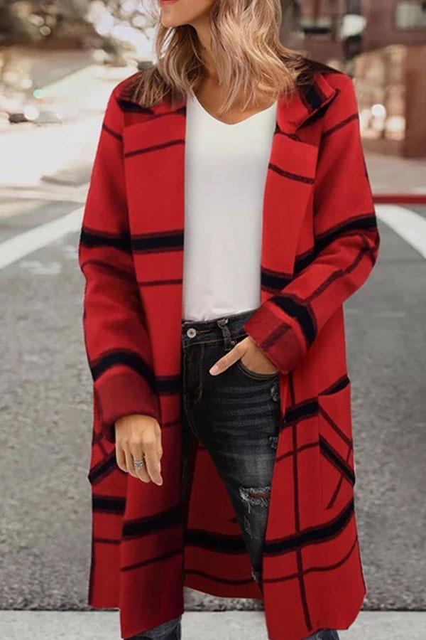 Loose Mid-Length Wool Plaid Knit Cardigan