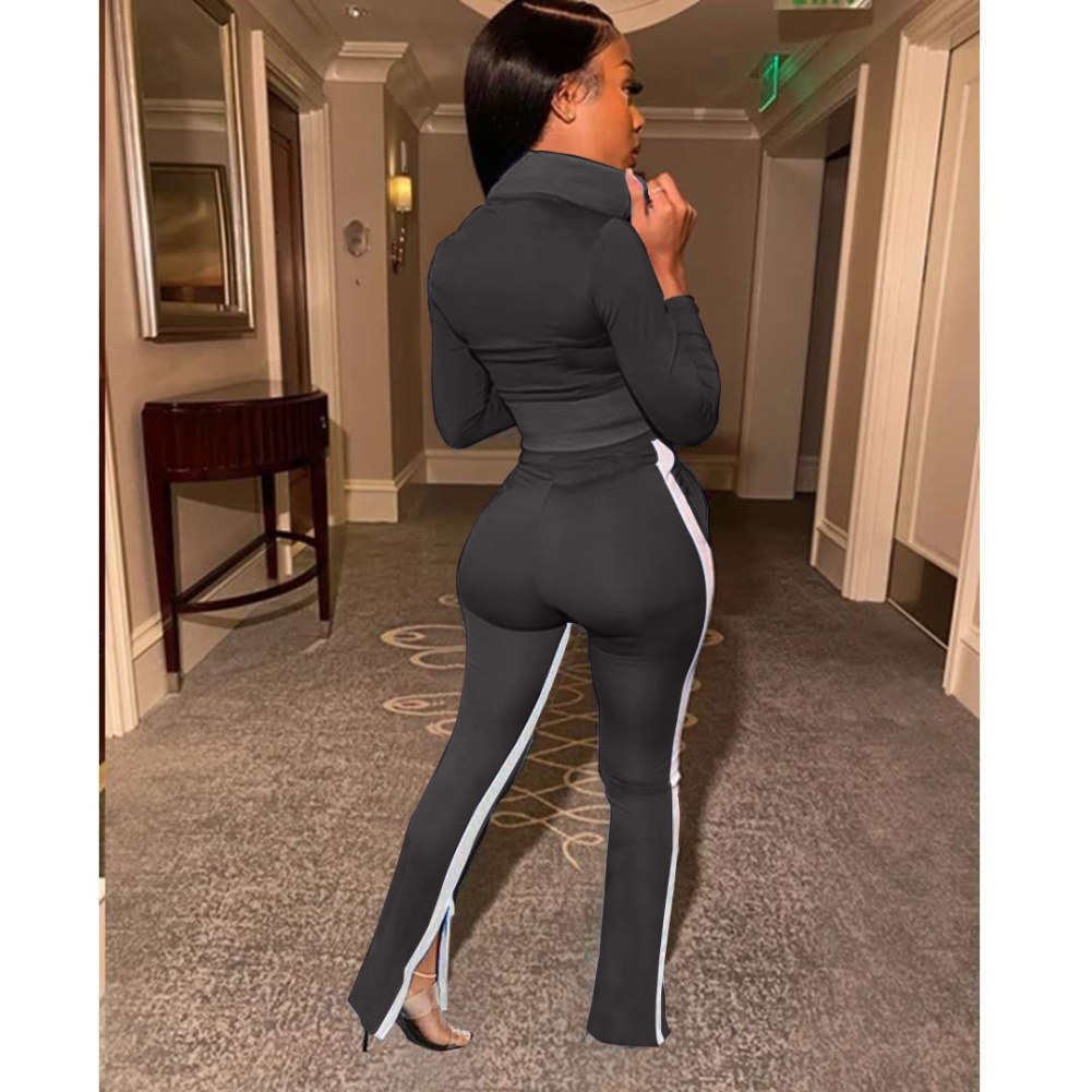 Autumn Matching Zipper Crop Top and Slit Zipper Pants Set