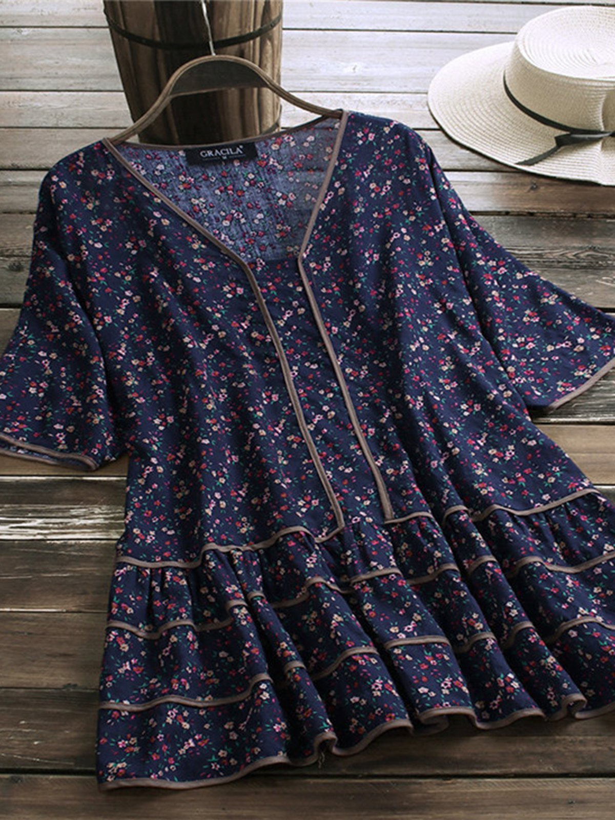 Half Sleeve Sweet V Neck Patchwork Shirts & Tops