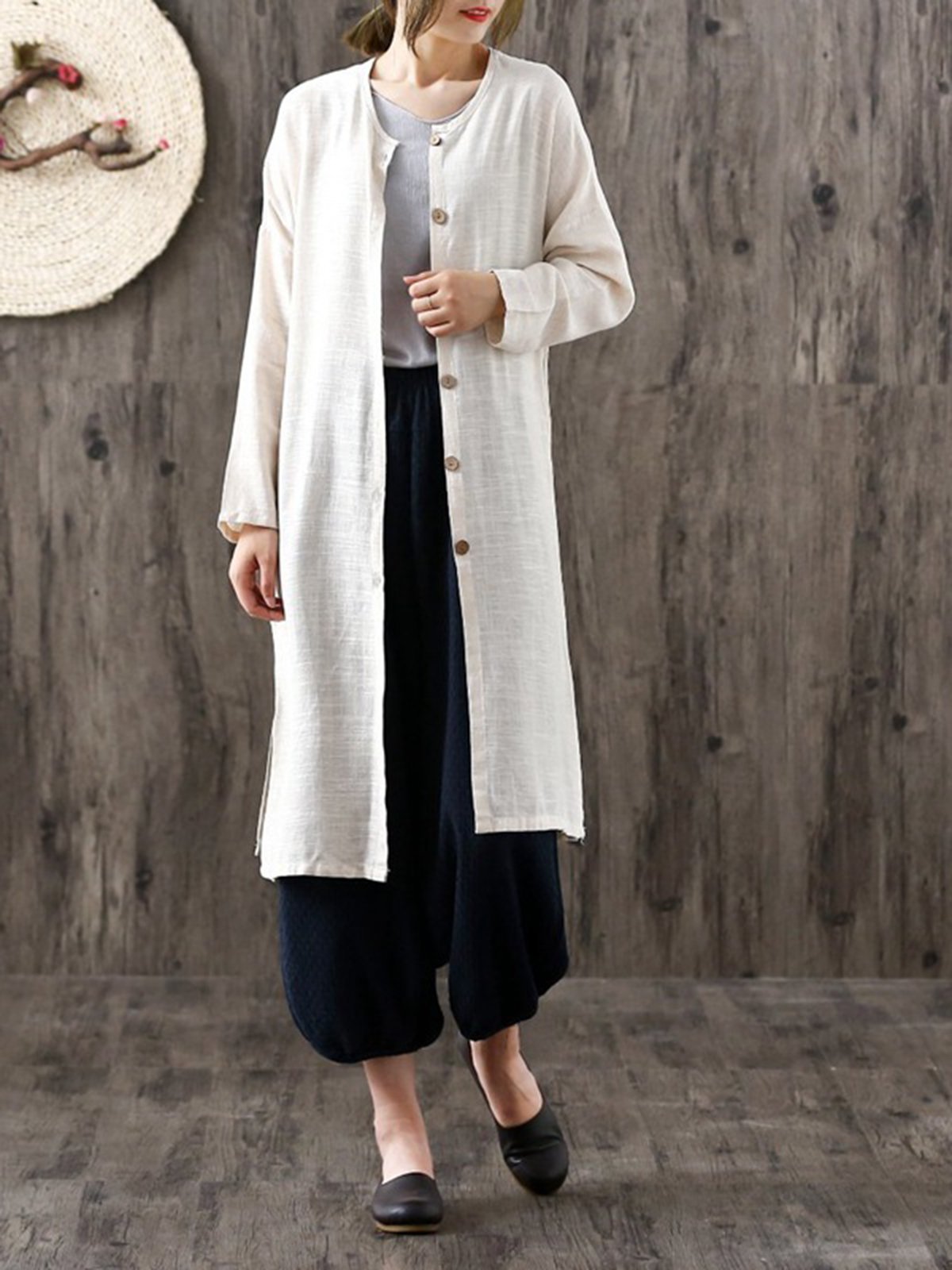 Casual Long Sleeve Solid Linen Cotton Cardigan