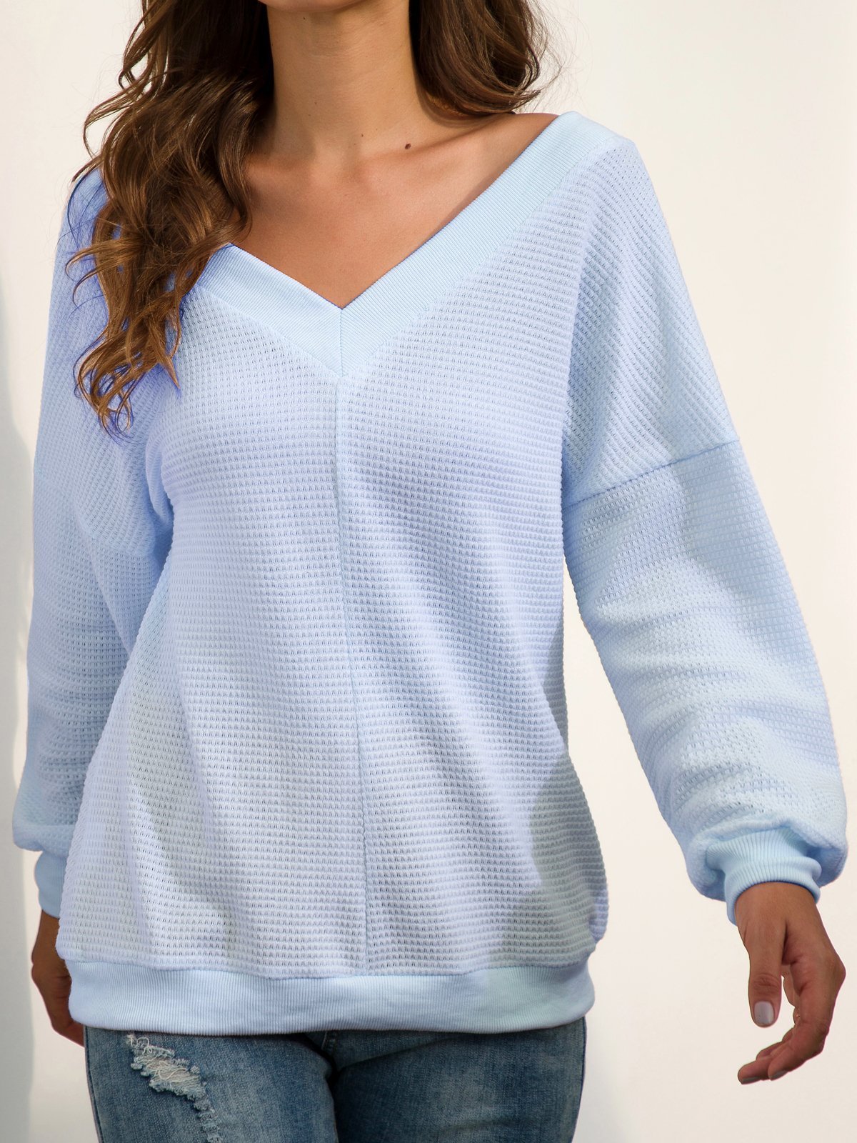 Casual V Neck Long Sleeve Solid Backless Sweaters