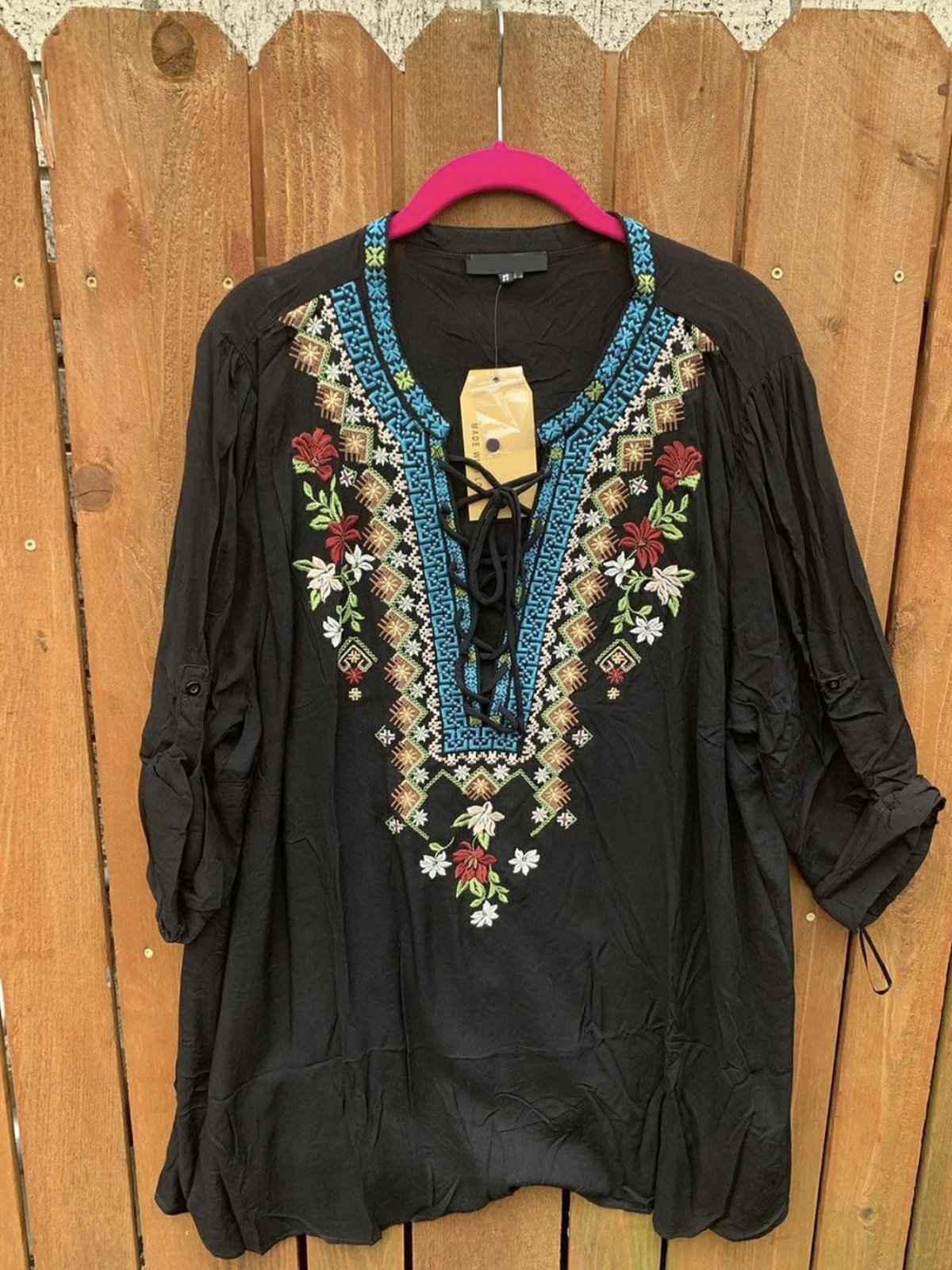 Boho Crew Neck Shift Cotton-Blend Shirts & Tops