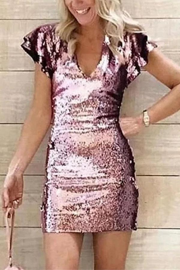 Casual Loose Sexy Deep   V Neck Sequins Mini Bodycon Dresses