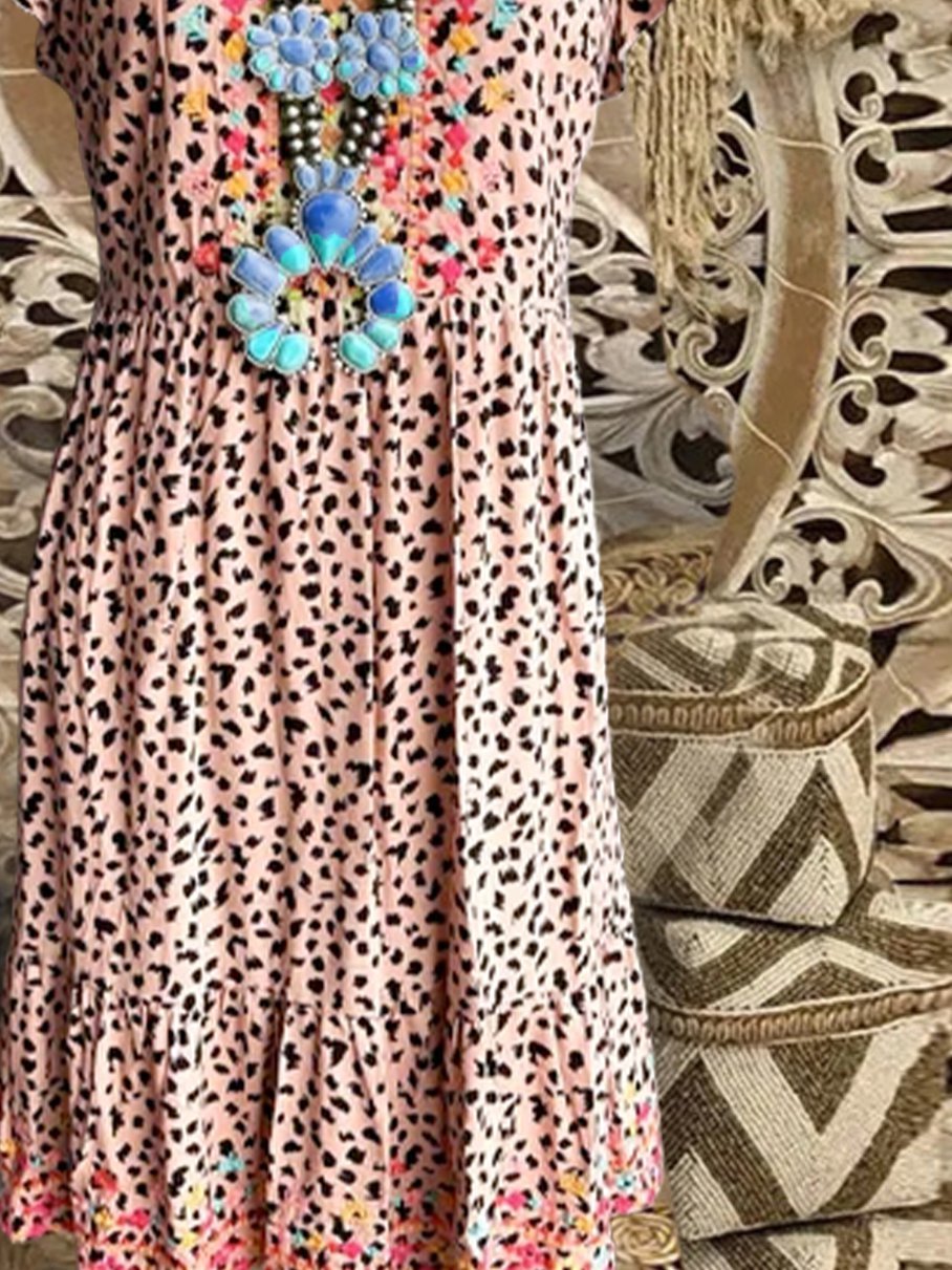 Casual Leopard V Neck Short Sleeve Dresses