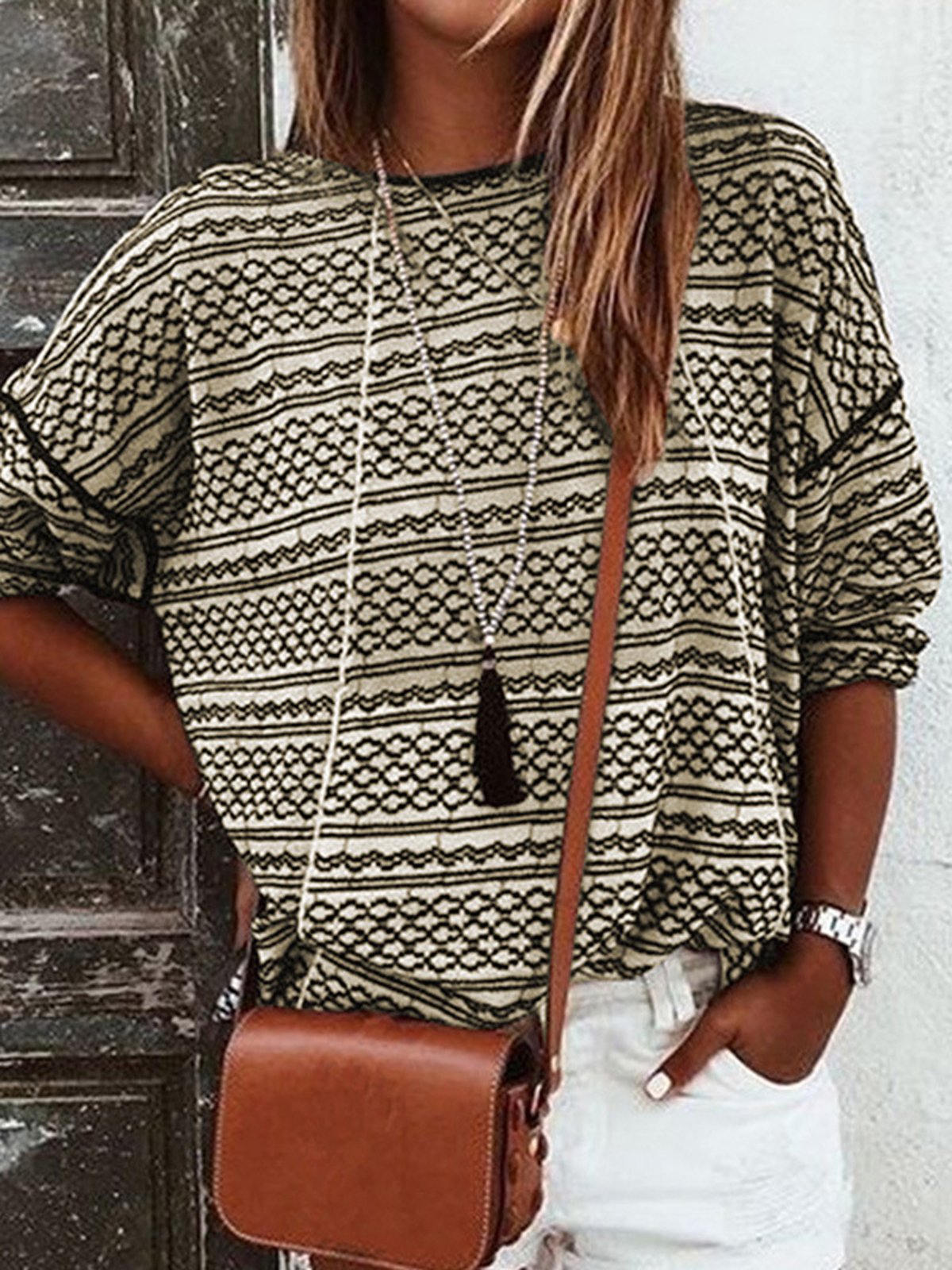 Long Sleeve Crew Neck Printed Vintage Striped T-Shirts