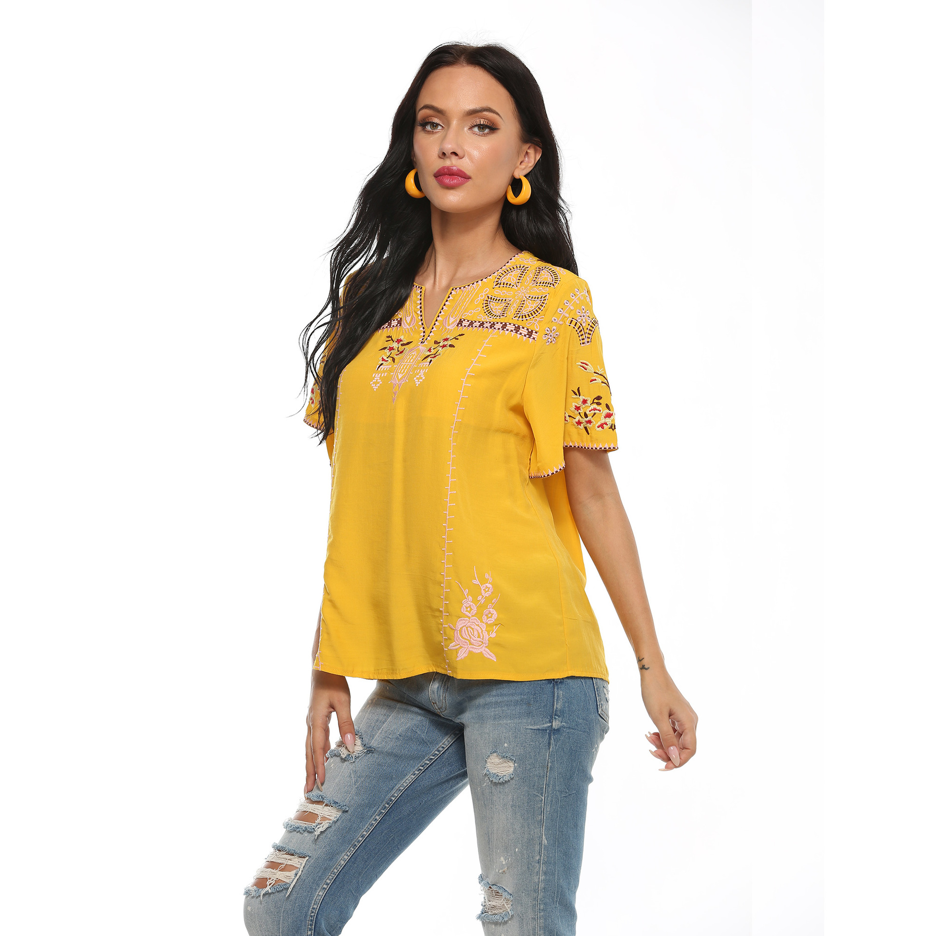Women's Short Sleeve Embroidery Blouse Western Wear