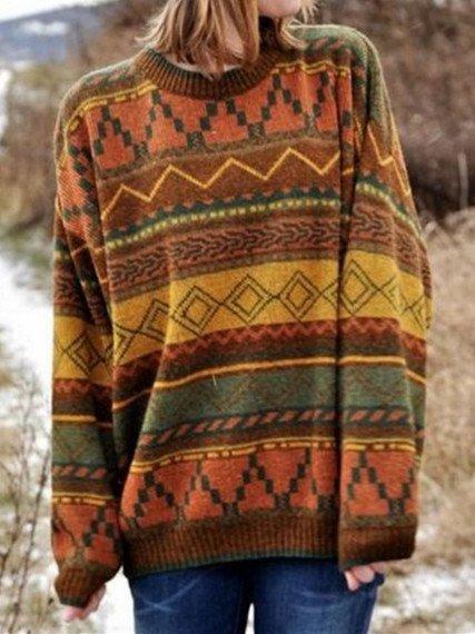 Multicolor Long Sleeve Geometric Boho Sweater