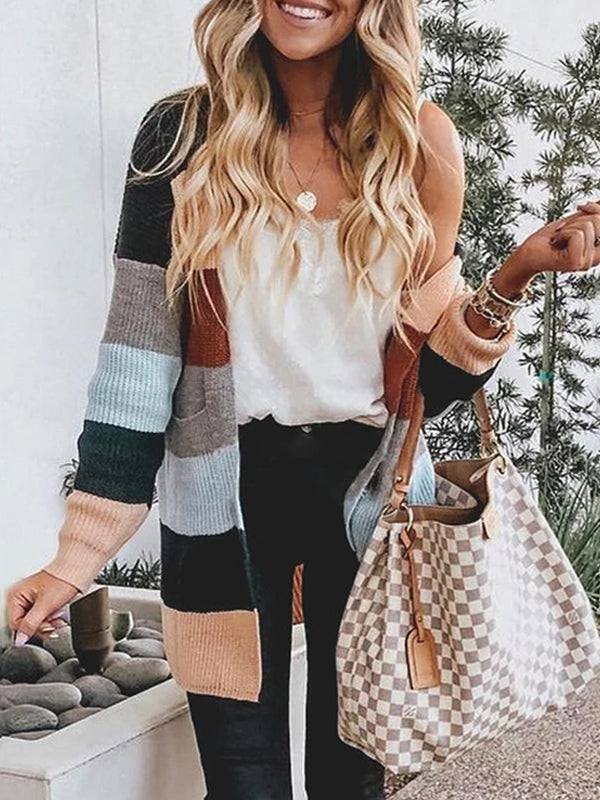 Women's Fashion Coloring Long Sleeve Patch Pocket Knit Cardigan Top