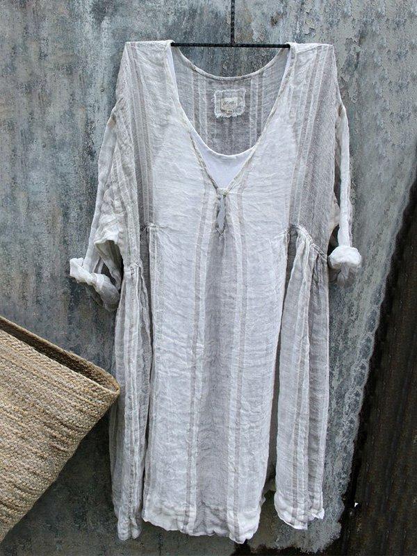 V-Neck 3/4 Sleeve Striped Casual Bat Sleeve Tops