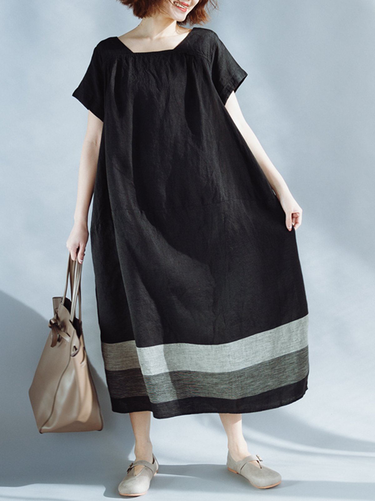 Casual Plus Size Linen Square Neck Shift Dress